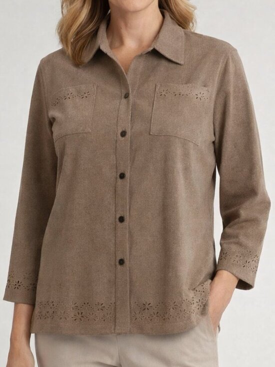 Alfred Dunner Tops - Alfred Dunner Brown Laser-Cut Faux Suede 16 Blouse